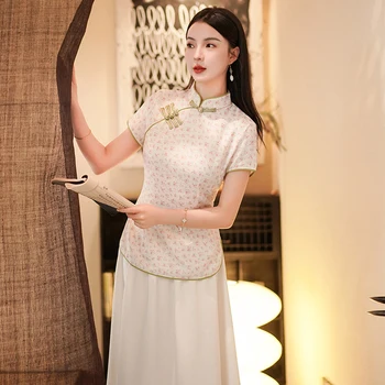 Ретро Традиционный китайский национальный костюм-двойка Tang, улучшенные топы и юбка-Чонсам, летний тонкий повседневный комплект
