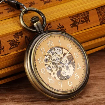 Золотые Прозрачные автоматические механические карманные часы с открытым циферблатом, подвеска из античной бронзы, Старинные карманные часы с автоподзаводом, мужские