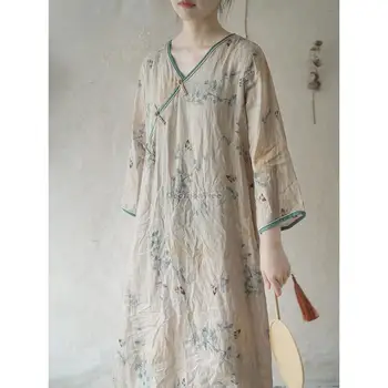 2023 китай ретро улучшенное хлопчатобумажное льняное платье чонсам с принтом весна лето свободная планка в китайском стиле с пряжкой zen tea qipao
