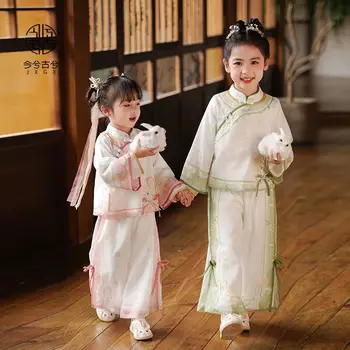 2023 Kawaii Детские старинные костюмы с воротником-стойкой в китайском стиле, костюм с бантом и принтом кролика, 2 шт., подарок на День защиты детей для девочек