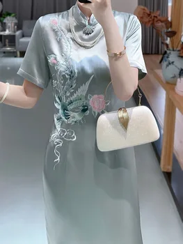Высококачественное Весенне-Летнее Платье Ципао в Китайском стиле, Женское Элегантное Платье с Вышивкой Пиона, Женское Ацетатное Длинное Платье-Чонсам, Женское Платье S-XXL