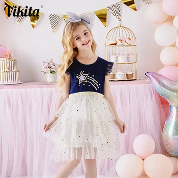 VIKITA, кружевное многослойное платье для девочек, Сетчатые платья Принцессы на день рождения, Платье с расклешенными рукавами для девочек, Детское летнее платье Vestidos