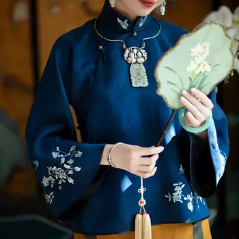Винтажная блузка в китайском стиле 2023, диагональная планка в стиле китайской республики, китайский женский жаккардовый топ, женская блузка чонсам