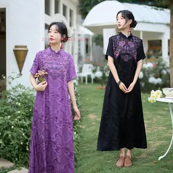 2023 традиционное китайское улучшенное платье ципао, национальное платье с цветочной вышивкой, ретро-атласное жаккардовое платье, восточное народное платье
