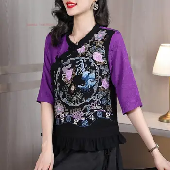 2023, костюм в стиле ретро тан с цветочной вышивкой, блузка, традиционный китайский винтажный атласный жаккард, топы hanfu, куртка, рубашки в этническом стиле