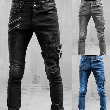 Новые Прямые джинсы, мужские Модные узкие Джинсы с рваными отверстиями и карманом на молнии, Уличная одежда, Черные повседневные красивые мужские джинсовые брюки