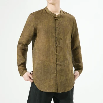 Мужские Высококачественные удобные рубашки с длинным рукавом Ramie в китайском стиле, Синизм, Винтажный Мужской костюм с пряжкой на циферблате, Свободный костюм в стиле Тан, молодежная рубашка