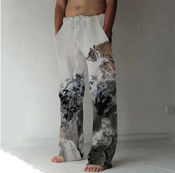 Мужские модные брюки с прямыми штанинами с 3D принтом, эластичный дизайн на шнурке, брюки с передним карманом, повседневная повседневная графика