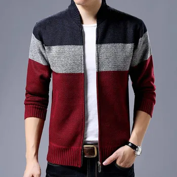 Мужское осенне-зимнее пальто, мужской свитер, Модный кардиган в стиле пэчворк, вязаная куртка, флисовые теплые мужские свитера 2023 с воротником-стойкой