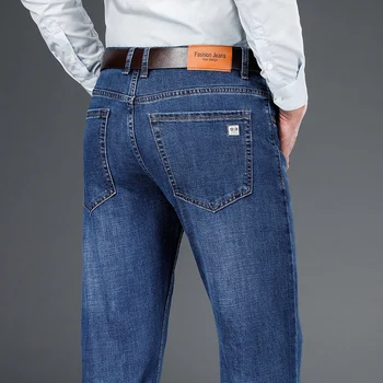 Модные мужские стрейчевые прямые джинсы Деловые Повседневные Классические Свободные джинсовые брюки 2023 Весна и осень Новые мужские Брендовые брюки