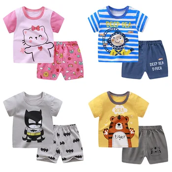 Комплект летней одежды для мальчиков и девочек, костюмы с короткими рукавами, Хлопковый спортивный костюм из 2 предметов для малышей, детская одежда для 1-7 лет