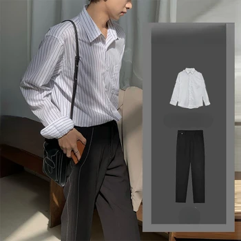 Весенне-осенние мужские комплекты из 2 предметов, подходящий костюм, рубашка в полоску, Брюки, модная уличная одежда большого размера, тонкий костюм для отдыха X161