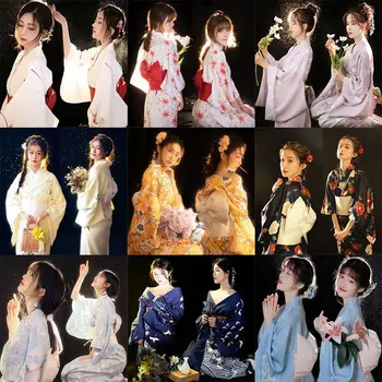 Японское Традиционное Кимоно с цветочным принтом, Летний Длинный Халат, Женская одежда для фотосъемки, Бесплатный пояс, цветок в виде веера