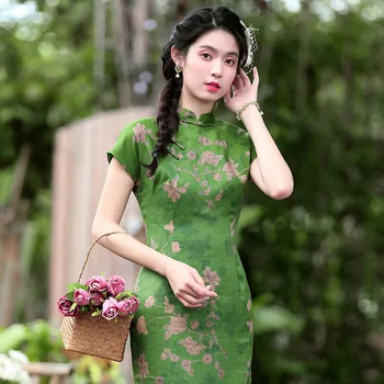 Женское Современное платье Чонсам 2023, Новый Дизайн, Зеленые Китайские Стильные Тонкие Элегантные Сексуальные платья Ципао