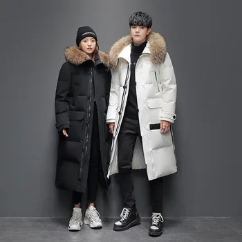 Зимняя высококачественная пуховая куртка средней длины для мужчин и женщин, 90% белый утиный пух, воротник из меха енота, с капюшоном, пара зимних одежд