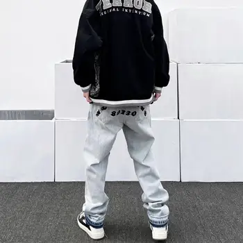 Винтажные джинсы, Мужские брюки Harajuku, Прямые, в стиле Панк, с буквенным принтом, мужская мода, Корейский хип-хоп, Мешковатая мужская Уличная одежда