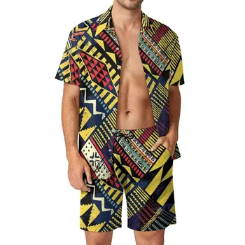 Мужские комплекты с принтом в стиле пэчворк, повседневная рубашка в африканском стиле, Винтажные пляжные шорты, Летний дизайнерский костюм, Одежда из 2 предметов, Большие размеры