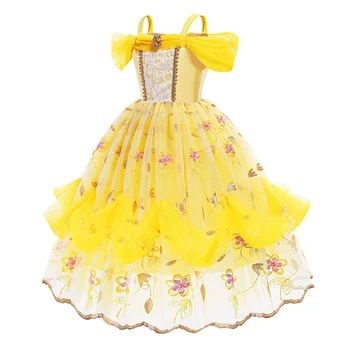 Новое бальное платье для девочек Belle Princess Grown для вечеринки, выпускного вечера, Косплей-костюмы, Одежда, Сетчатые платья с цветочной вышивкой Glod