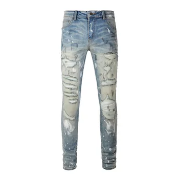Новая мужская уличная одежда из потертого Светло-голубого денима с дырками, Бандана в стиле пэчворк, Рваные стрейчевые джинсы с граффити