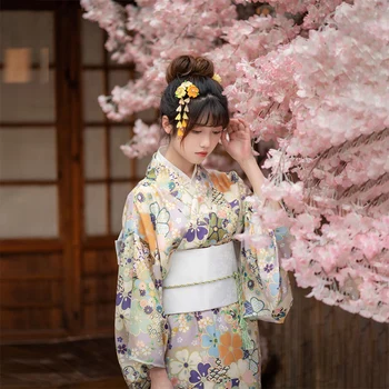 Женское Японское Традиционное Кимоно с зеленым цветочным принтом, Летняя одежда для выступлений на сцене Юката, одежда для косплея