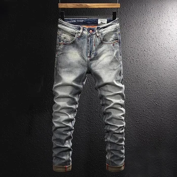 Модные Дизайнерские Мужские джинсы в стиле Ретро, застиранные, эластичные, приталенные, рваные джинсы, Мужские брюки, Винтажные повседневные джинсовые брюки-стрейч, Hombre