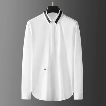 Модная мужская рубашка в стиле пэчворк с вырезом горловины, Высококачественная рубашка с длинными рукавами, вышитая пчелами, Тонкие повседневные деловые рубашки 2023