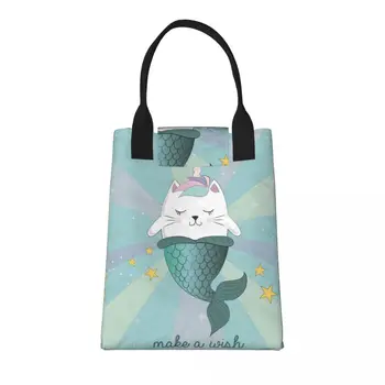 Бумажная сумка для ланча, забавный волшебный Единорог и кошка-Русалка, сохраняющая свежесть, сумка для ланча с крючком и петлей, Теплоизоляционная сумка для ланча