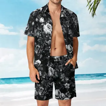 Мужской Пляжный костюм с розами, черно-белый, Комплект из 2 предметов, Винтажный Креативный костюм для плавания