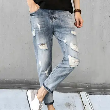 Облегающие джинсы, Стильные мужские джинсы градиентного цвета с дырочками в рубчик, приталенная посадка, множество карманов, прочная строчка для долговечности
