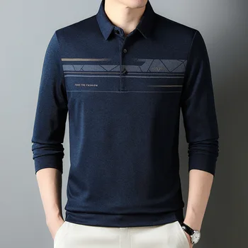 2023, Весенне-осенний мужской пуловер с воротником-поло, однотонная футболка в полоску с длинным рукавом, Рубашка-поло, Модные топы в повседневном стиле