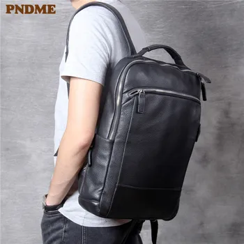 PNDME простой повседневный мужской женский рюкзак из мягкой воловьей кожи высокого качества из натуральной кожи большой емкости для путешествий, черный рюкзак для ноутбука
