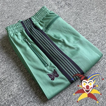 Фиолетовые иглы в полоску, зеленые спортивные штаны, мужские женские спортивные брюки с вышивкой в виде бабочки и шнурка