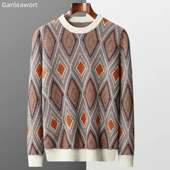 Мужской пуловер с круглым вырезом и длинными рукавами, свитер из 100% чистой шерсти, жаккард в стиле ретро, Осенне-зимний Новый деловой повседневный универсальный топ