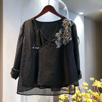 hanfu/ женские топы с длинными рукавами, женская китайская рубашка кунг-фу, винтажный топ, этническая одежда, летние топы в современном азиатском стиле, тайцзи