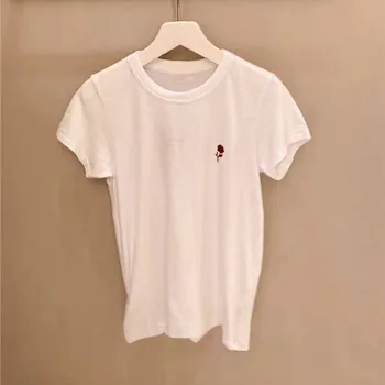 Женская футболка 2023, весенне-летняя Новая хлопковая футболка с короткими рукавами и вышивкой в виде розы с круглым вырезом и цветочным рисунком