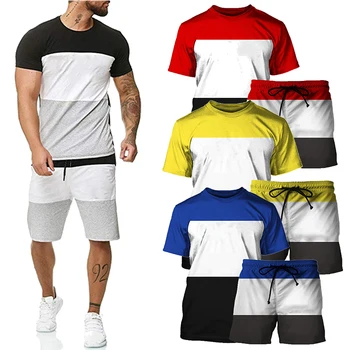 Мужская модная футболка и шорты, комплект из двух предметов, цветные блоки, комплекты с короткими рукавами и шортами, Мужская летняя повседневная одежда, Большие размеры S-4XL
