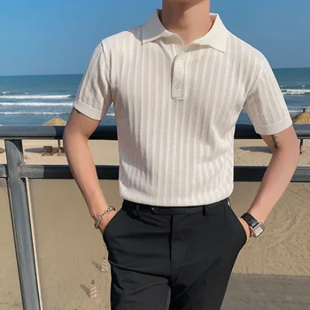 Летние мужские трикотажные рубашки поло с коротким рукавом, открытые дышащие топы в корейском стиле Slim Fit