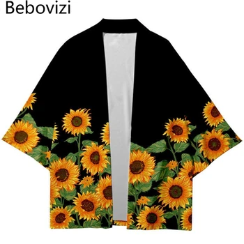 Кимоно с принтом Подсолнуха, рубашка-кардиган Оверсайз, Традиционная мода хаори, Женская и мужская уличная одежда Харадзюку, Японская Юката 5XL 6XL