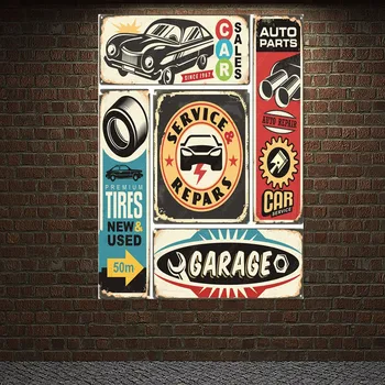 Плакат о продаже автомобилей, винтажном СЕРВИСЕ и РЕМОНТЕ, Флаг автомастерской, Декор стен, Баннер, картина на холсте, Гобелен для гаража