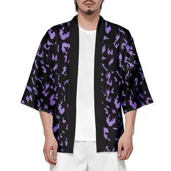 Модные Пляжные Рубашки Традиционный японский Кардиган Хаори Фиолетовые топы с принтом Пламени Плюс Размер