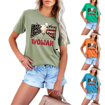 Новая летняя хлопковая женская одежда, День независимости американки, винтажная футболка с круглым вырезом и коротким рукавом, топ с принтом