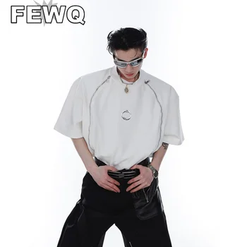 FEWQ Модная мужская футболка с наплечником на двойной молнии, нишевый дизайн, трехмерная металлическая печать, мужской топ с коротким рукавом 9A7572