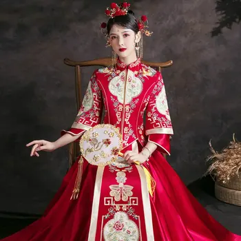 Изысканная Цветочная вышивка Свадебный Тост Чонсам Традиционное Восточное китайское свадебное платье для пары Qipao Vestidos