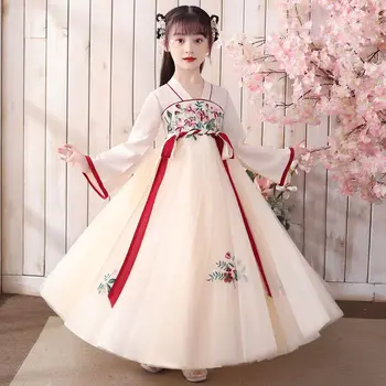 Осеннее платье принцессы Hanfu цвета шампанского, розовое детское платье принцессы в китайском стиле, юбка, маленькая Супер милая девочка, старинный костюм для кавайных девочек