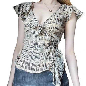 Женские летние тонкие топы, модная футболка с коротким рукавом и глубоким V-образным вырезом, повязка с принтом, футболка с рюшами, уличная одежда