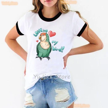 Футболка с графическим принтом Loveing My Bird Cockatiel Parrot Для девочек, одежда в стиле Харадзюку Каваи, летняя модная женская футболка, Уличная одежда