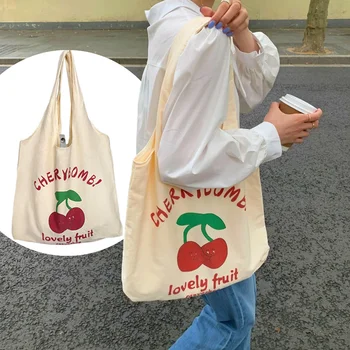 Женская холщовая сумка через плечо с вишнево-оранжевым принтом, женские сумки для покупок, хлопчатобумажная ткань, продуктовые сумки, сумка для книг для девочек