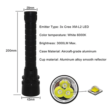 Подводный фонарь для подводной охоты, фонарик для дайвинга, фонарик для дайвинга XM-L2 LED Водонепроницаемый фонарь + 18650 PCB аккумулятор + зарядное устройство