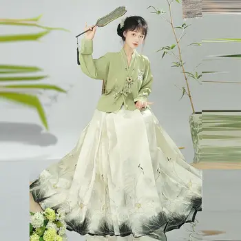 Традиционная китайская Плиссированная юбка с вышивкой Hanfu, Юбка с лошадиной мордой, Повседневная рубашка, Комплект для ежедневных поездок На работу, Женская одежда