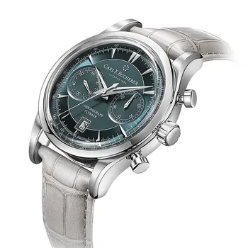Новые часы Carl F. Bucherer, хронограф Marley Dragon Flyback, серо-синий циферблат, Кожаный ремешок, Кварцевые мужские часы Класса Люкс